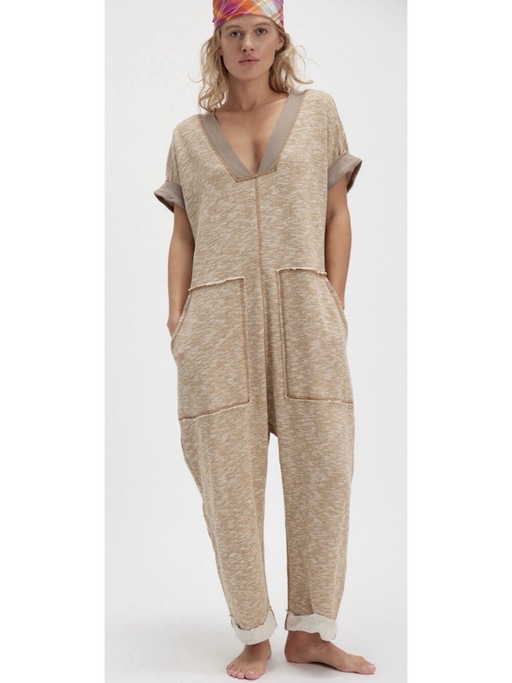 Free People Movement Women’s S Jumpsuit Beige Short Sleeve Lounge Romper NWT